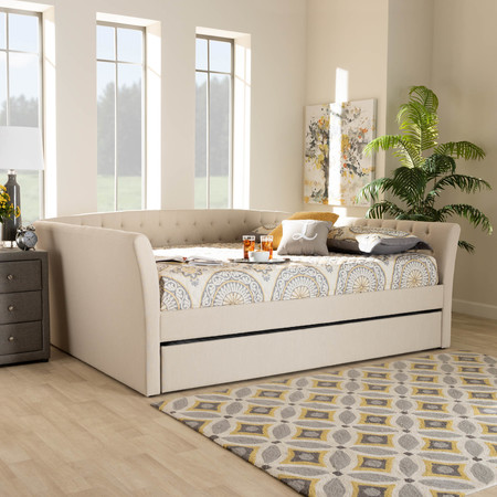 Baxton Studio Delora Beige Upholstered Full Size Daybed with Roll-Out Trundle Bed 158-9664